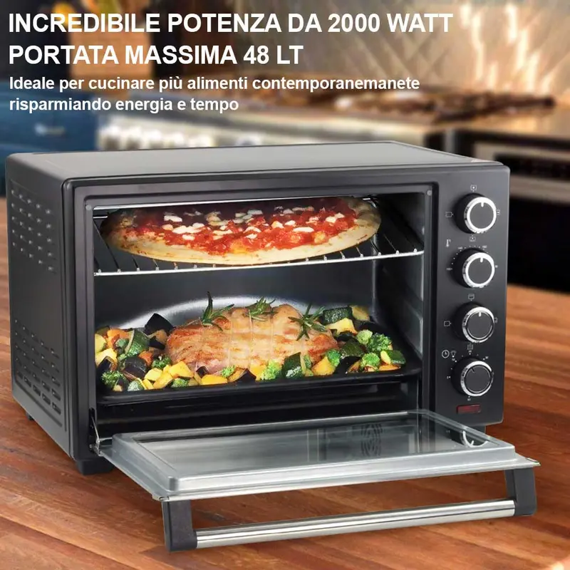 Forno Elettrico Ventilato 48 LT con Girarrosto Luce Interna Timer 2000W
