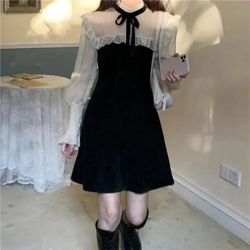 French Retro Stitching Dress Waist Slim Korean Style