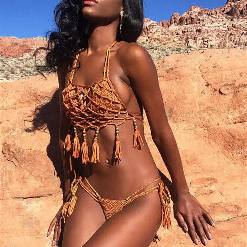 Fringed Three-piece Women's Split Swimwear Hollow Mesh Lace-up Dress