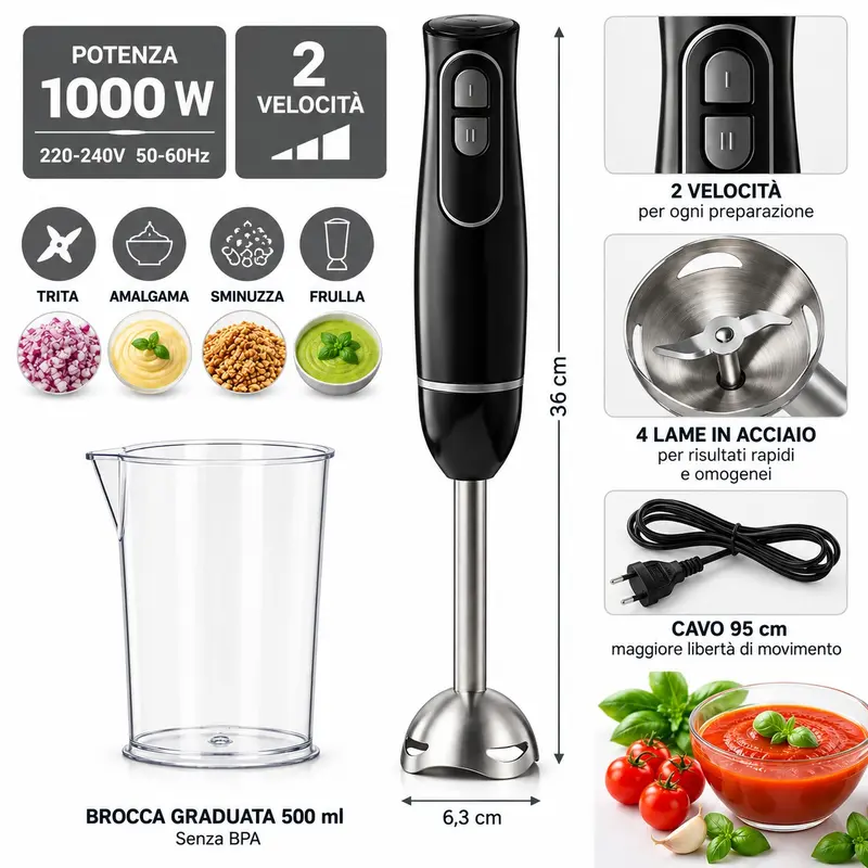 Frullatore a Immersione Tritatutto 2 Velocità Mixer Tagliaverdure Minipimer 1000W Con Brocca Graduata