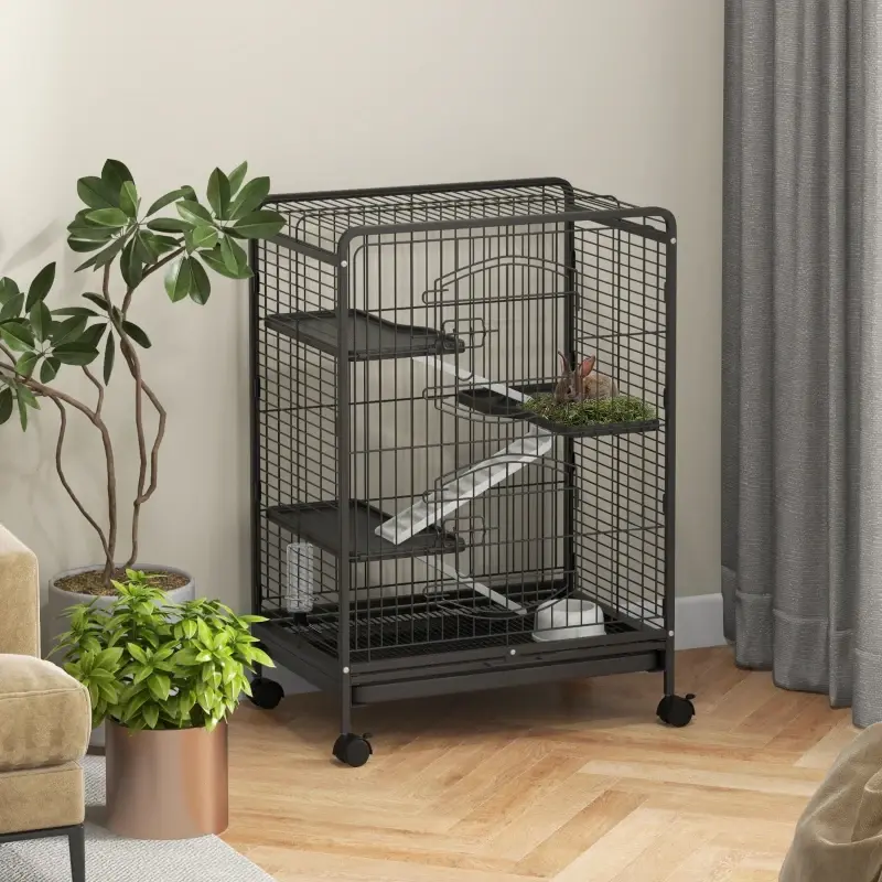 Gabbia Conigli Roditori in Metallo Nero 61x44.5 H95cm con Ruote