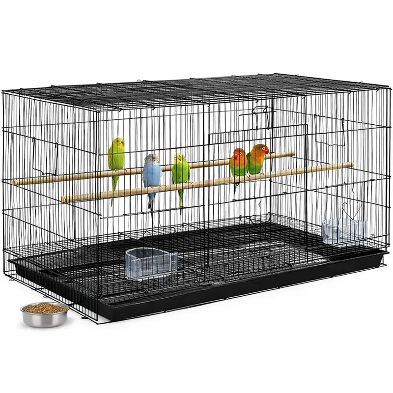 Gabbia Voliera per Uccelli Pappagalli con 2 Mangiatoie 77.5x46.5H46 cm Nero