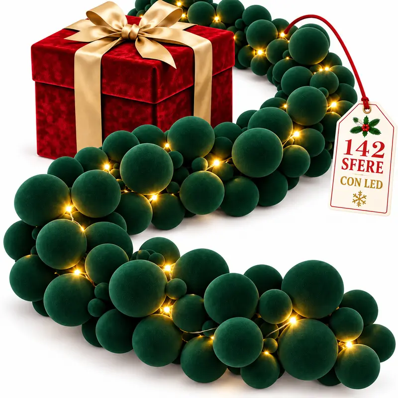 Ghirlanda Natalizia Festone 180 cm 142 Sfere Led in Velluto Verde Addobbo Natale