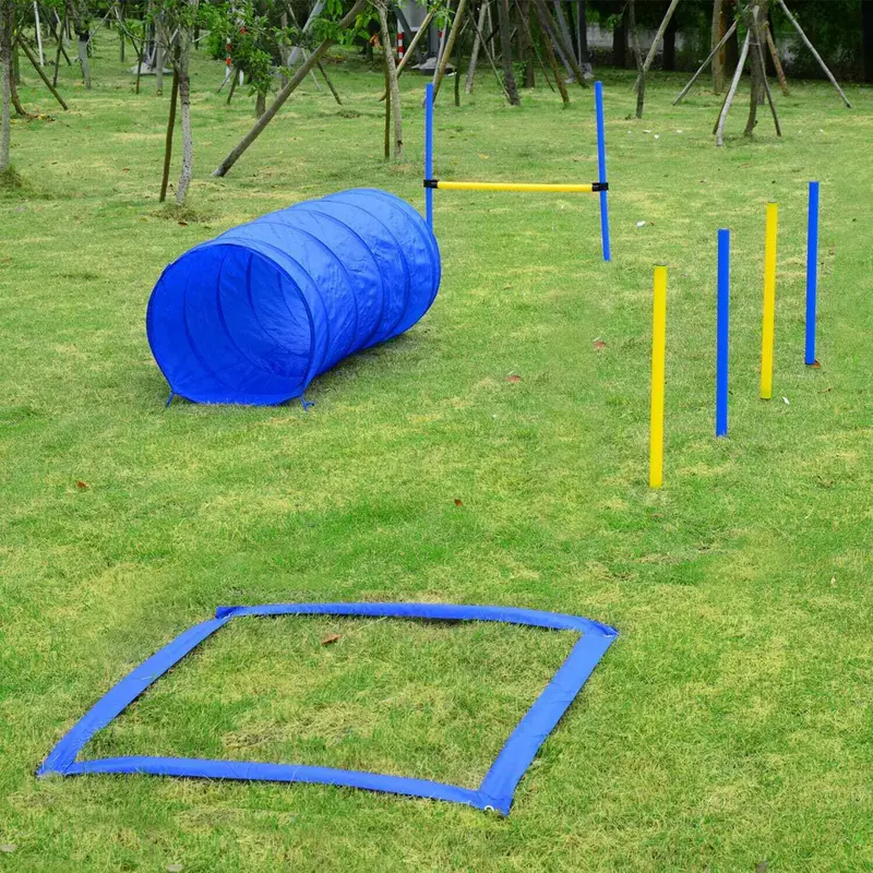 Gioco Cane con Tunnel Slalom e Ostacolo Set Agilità Sacca Trasporto Blu Giallo