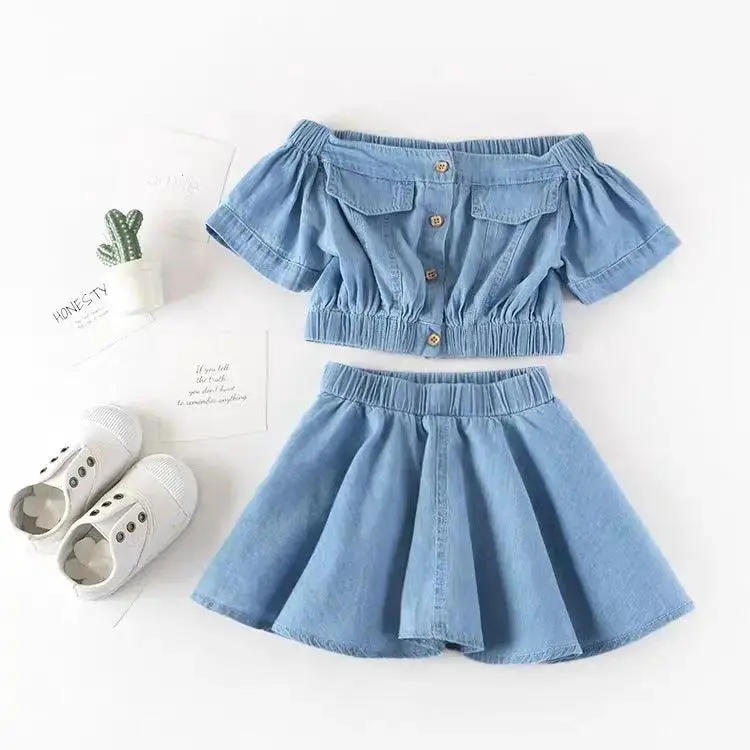 Girls Korean Version Denim Two-piece High-waisted Short-sleeved Top