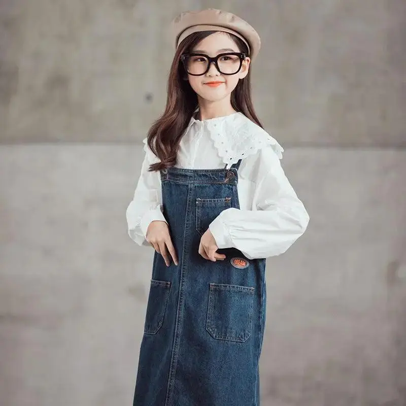 Girls Lace Collar White Shirt Denim Suspenders Skirt