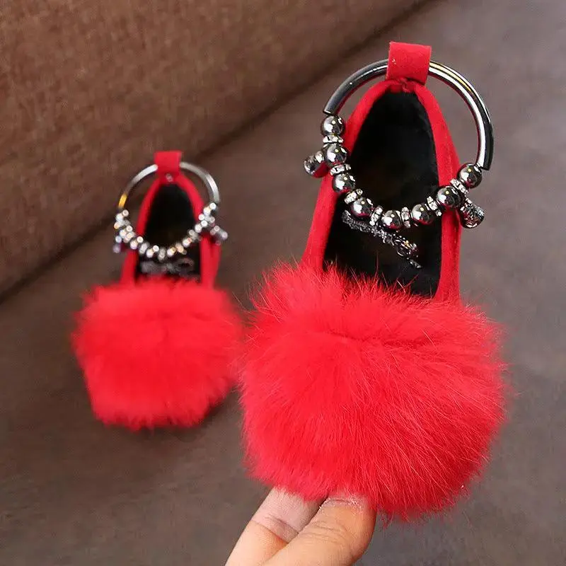 Girls' Princess Shoes With Flat Bow And Fur
