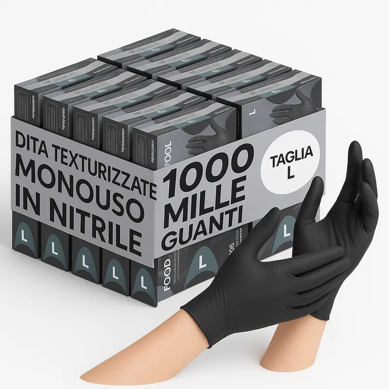 Guanti Nitrile Nero Monouso senza Lattice e Polvere Taglia L 1000pezzi