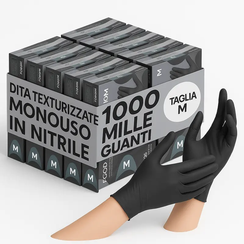 Guanti Nitrile Nero Monouso senza Lattice e Polvere Taglia M 1000pezzi