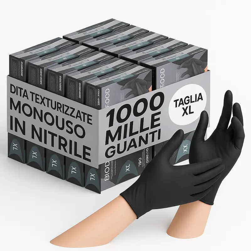 Guanti Nitrile Nero Monouso senza Lattice e Polvere Taglia XL 1000pezzi