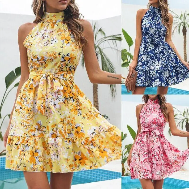 Halter Dresses Women Floral Print Sleeveless Swing Chiffon Holiday Dress