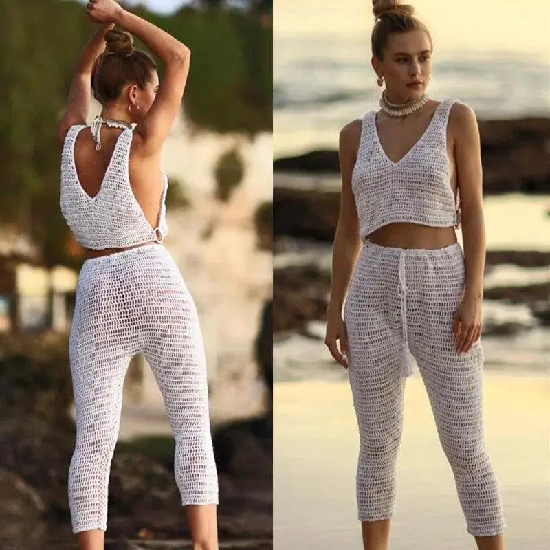 Handmade Crochet Beach Bikini Sweatshirt Swimsuit Cover Pants Set