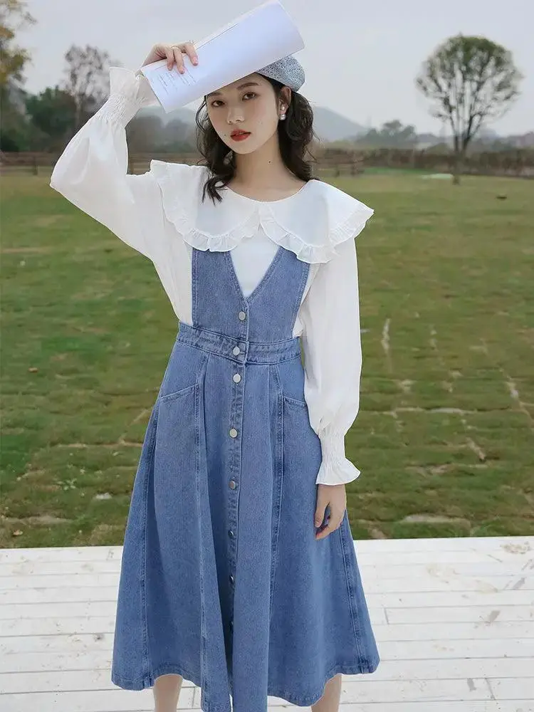 High Waist Denim Suspender Skirt Girl Small Dress