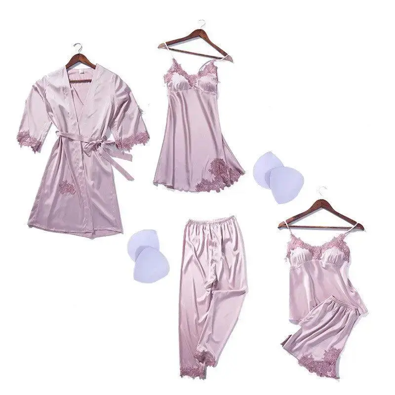 Imitation Silk Pajamas With Chest Pad Hanging Skirt Flower Nightgown Embroidery Short Hanging Nine-Point Trousers Six-Piece Suit