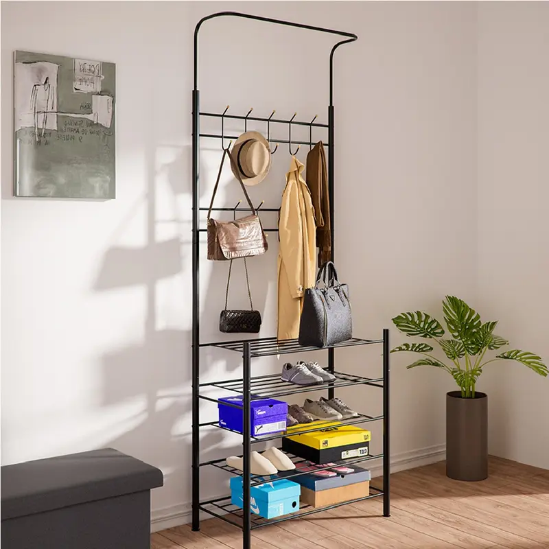 Ingresso Stand Appendiabiti in Metallo 9Ganci 5Ripiani 68.5x35 H187cm Scarpiera Nero