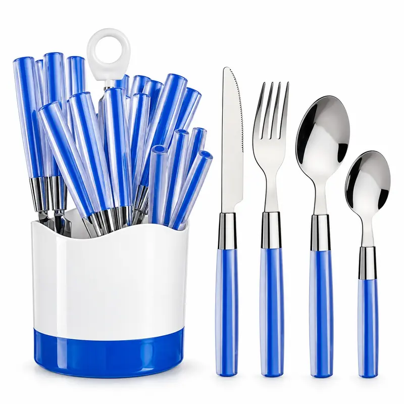 Kit 16 Posate Acciaio Manico Blu con Supporto Scolaposate Design Moderno