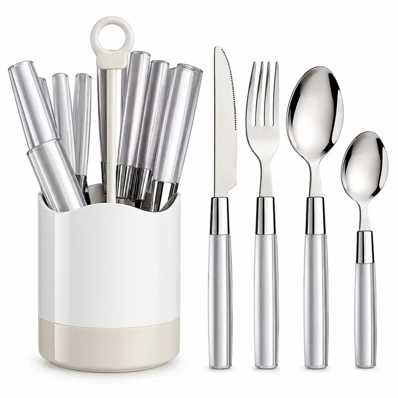 Kit 16 Posate Acciaio Manico Grigio con Supporto Scolaposate Design Moderno