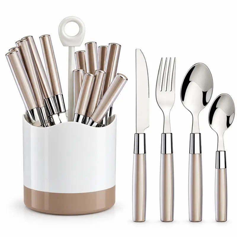 Kit 16 Posate Acciaio Manico Marrone con Supporto Scolaposate Design Moderno