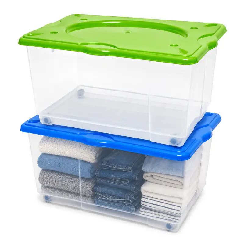 Kit 2 Scatole Porta Tutto 60 LT Trasparenti con Ruote 60x40x33 cm Contenitori Salvaspazio