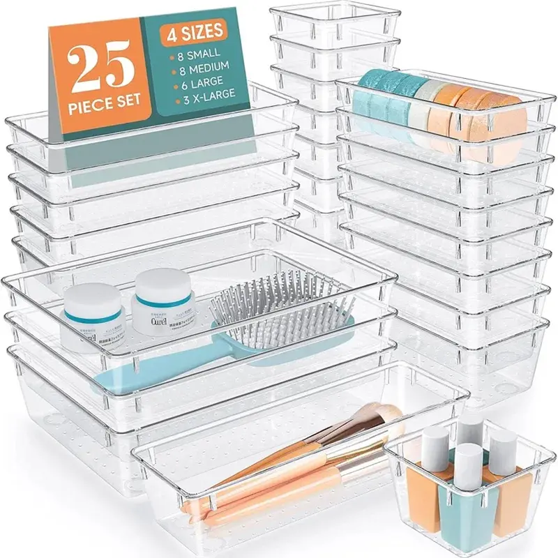 Kit 25 pezzi Organizer per Cassetti Casa Ufficio in Plastica Trasparente
