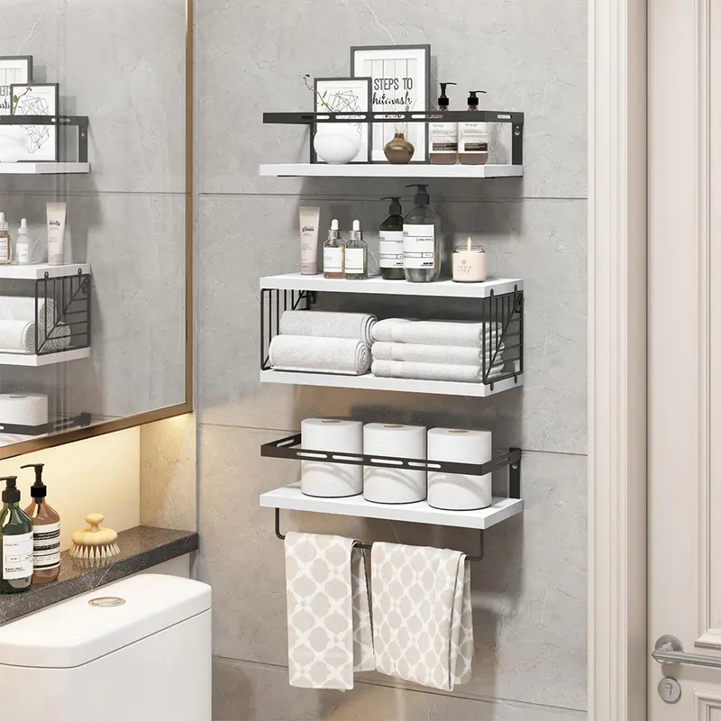 Kit 3 Mensole da Parete Legno e Metallo Bianco Versatili Salvaspazio Cucina Bagno Camera