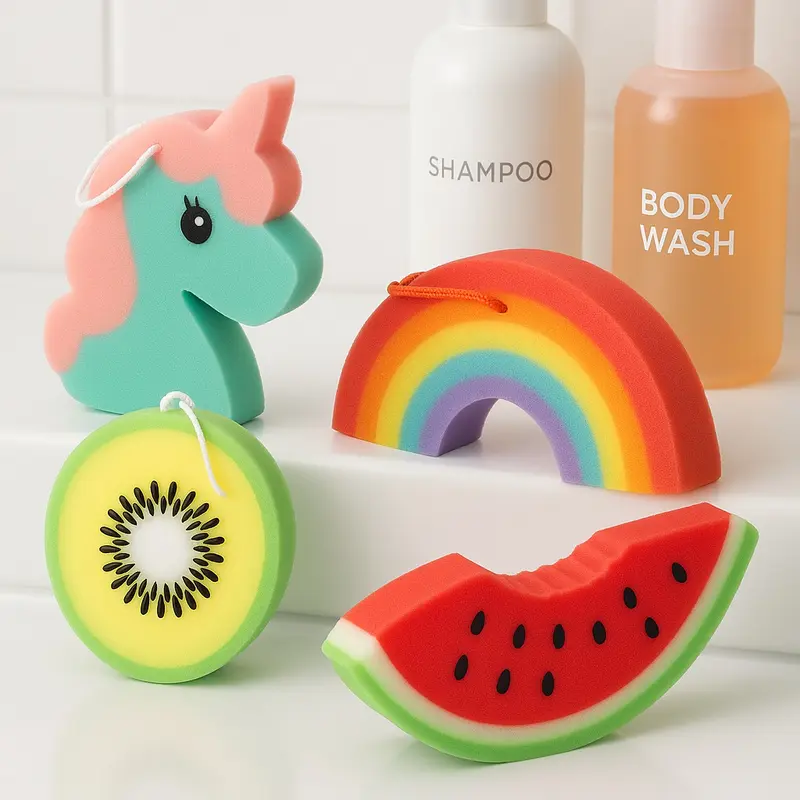 kit 4 Spugne Bagno Corpo Colorate Forme Miste Frutta Unicorno Arcobaleno Bambini Adulti