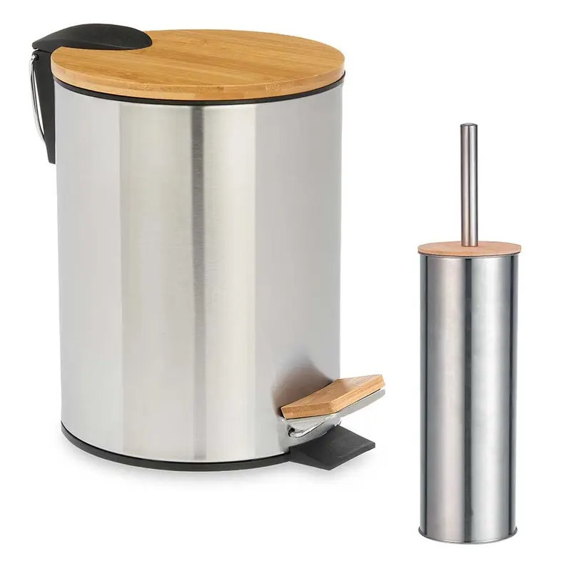 kit Bagno Pattumiera 3L a Pedale e Porta Scopino Wc in Acciaio e Bambù
