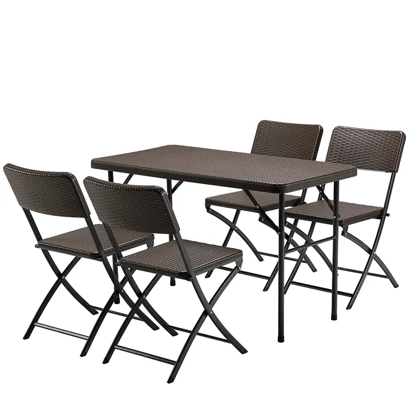 Kit da Giardino Pieghevole in Polyrattan Tavolo e 4 Sedie Interno Esterno Marrone