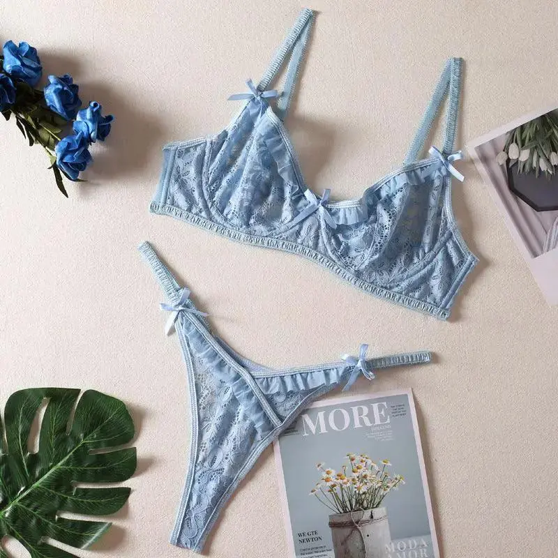 Lace Pattern Bow Wrapped Chest See-through Sexy Lingerie For Women