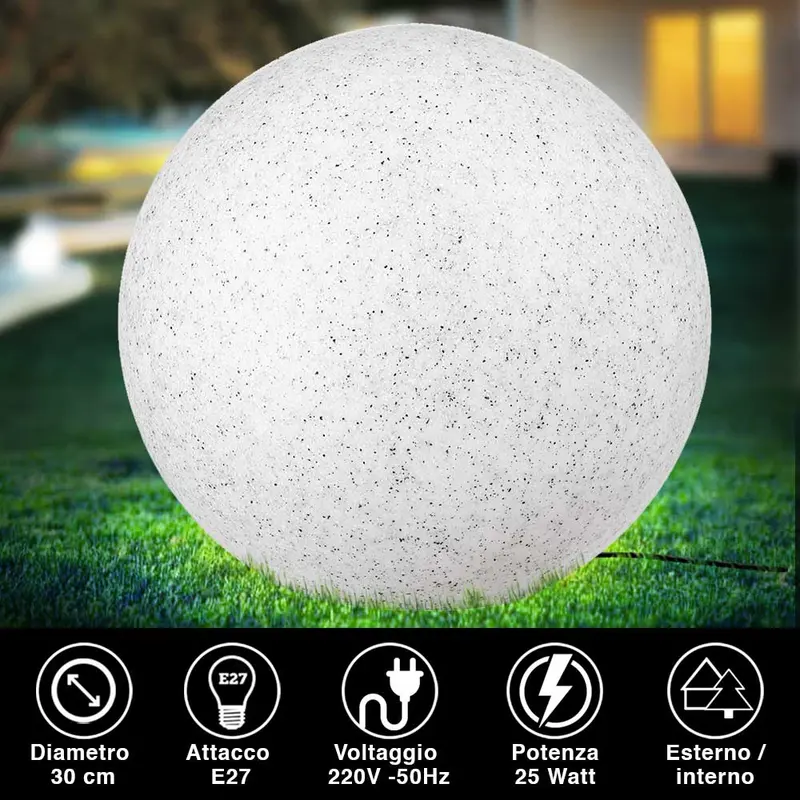 Lampada Sfera Giardino 30cm Luce Esterno Bianco Pietra E27 Decorazione da Esterno