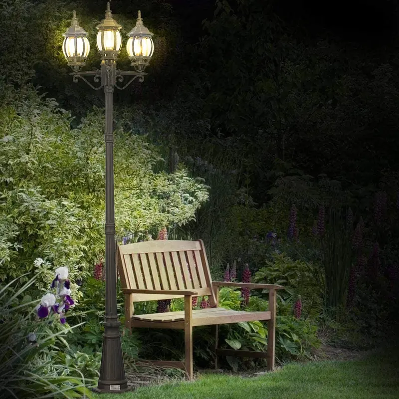 Lampione da Giardino 56x56 H 202 cm Stile Vittoriano Classico 3 x E27 Grigio e Ottone