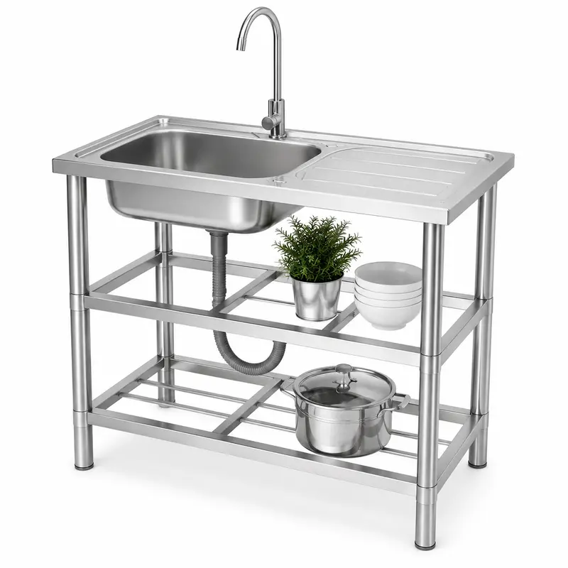 Lavello Inox 75x40x80 cm con Rubinetto Sifone Sgocciolatoio e Ripiani per Esterno Interno