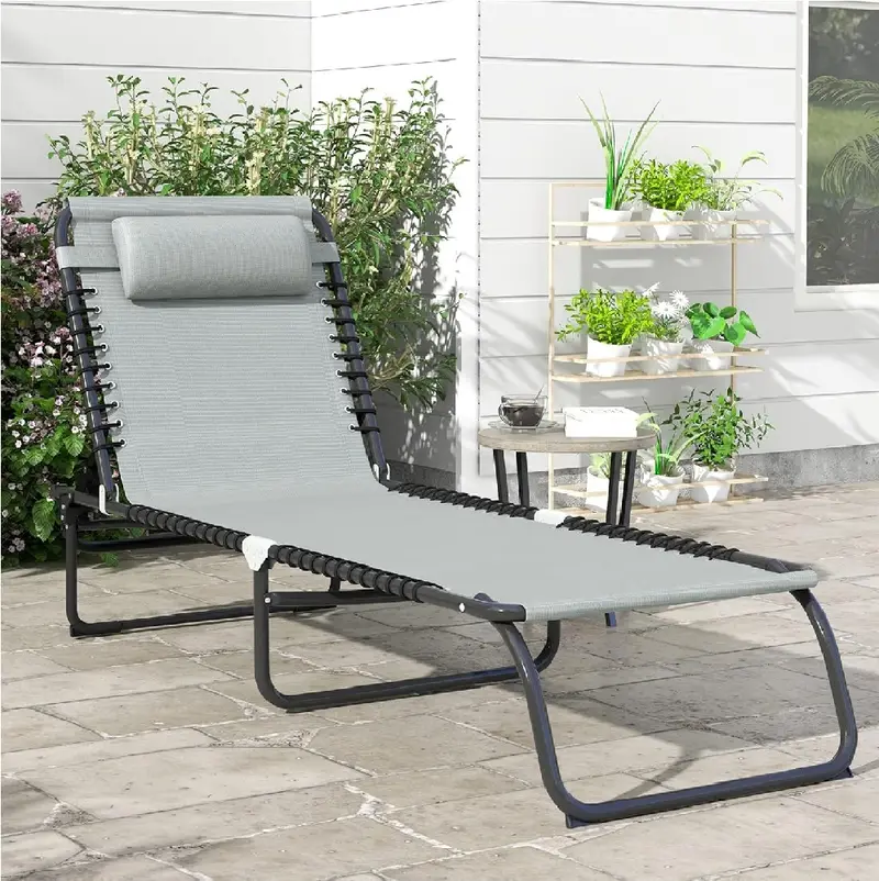 Lettino Prendisole Pieghevole con Cuscino Reclinabile 4Posizioni Portatile Grigio