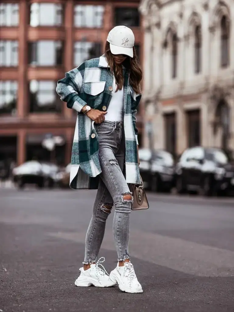 Long Sleeve Plaid Print Shirt Woolen Coat
