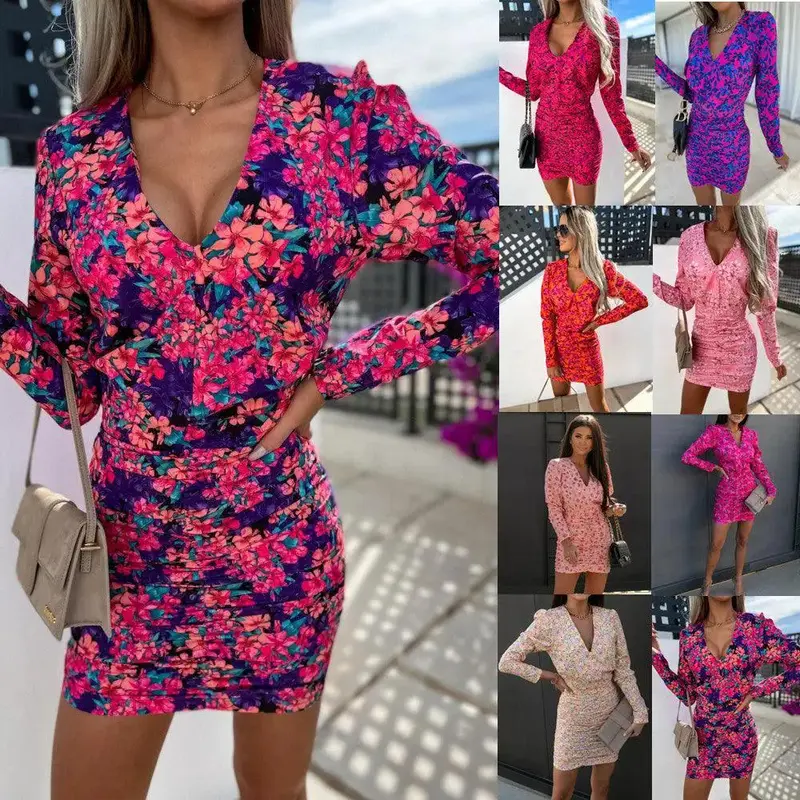Long Sleeve V-Neck Print Pack Hip Gathered Body Dress