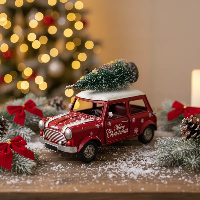 Macchinina Natalizia Vintage in Latta Rossa - Merry Christmas