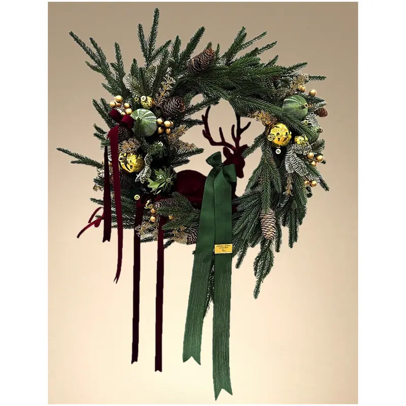 Madame Fioccò Ghirlanda di Natale con renna e fiocco verde D50 cm