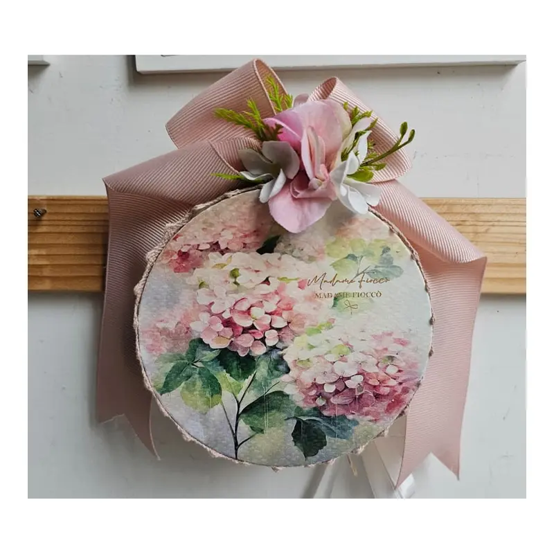 Madame Fioccò Tamburello con fiori e fiocco rosa "Carezza di Primavera" 3 varianti(1 unità)