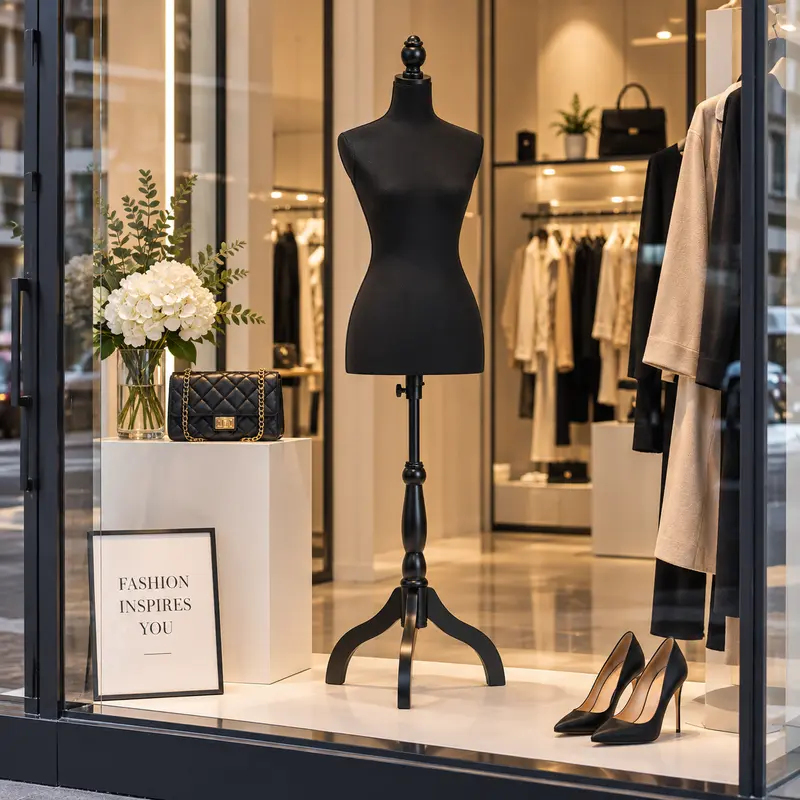 Manichino Sartoriale Donna con Base in Legno Nero e 50 Spilli per Sartoria e Decorazioni