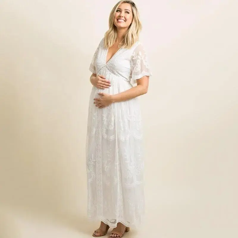 Maternity Dresses for Photo Shoot Summer V Neck White Lace Short Sleeve Pregnancy Dress Pregnant Women Photography Maxi Dress