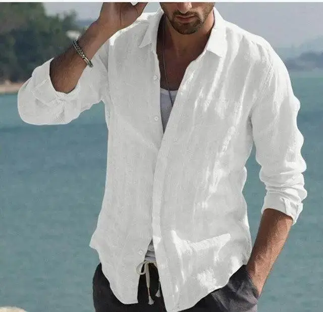 Men Shirt Cotton Blend Pocket Solid Long Sleeve Tops