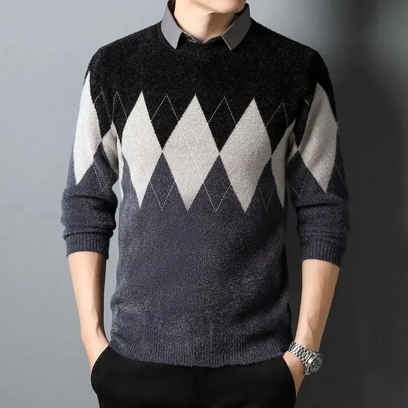 Men's Diamond Block Fake Two-piece Imitation Mink Bottoming Shirt