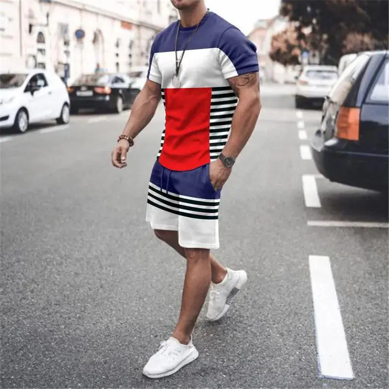 Men's Short Sleeve Sports Casual Fashion Striped Colorblock Suit
