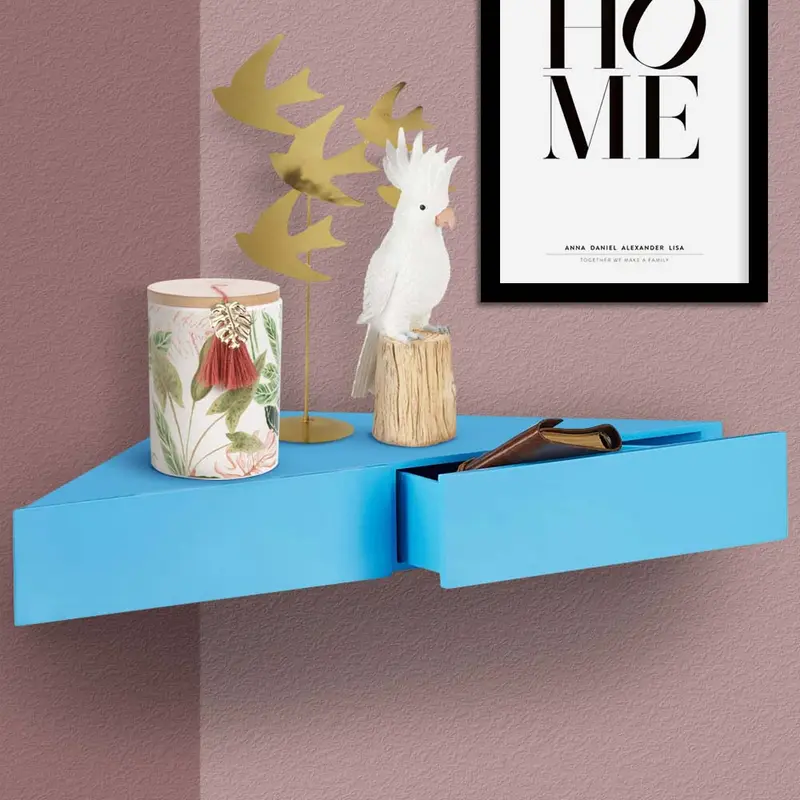 Mensola Angolare Doppio Cassetto a Parete in Legno MDF Blu