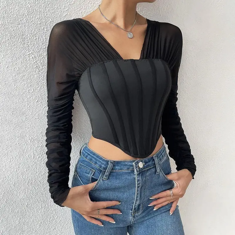 Mesh Pleated Fishbone Diamond Two-piece Pile Sleeve Top for Women