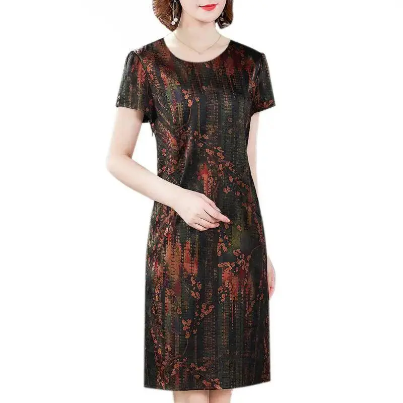 Middle-aged And Elderly Ice Silk Print Dress Fashion Casual