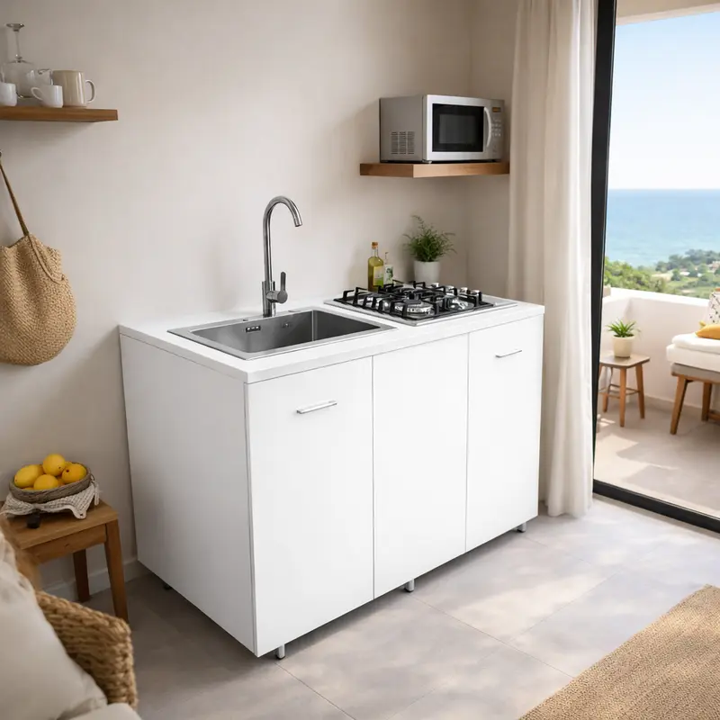 Mini Cucina Completa 120x60 Salvaspazio con 4 Fuochi Gas Lavello Acciaio e Ruote Bianco