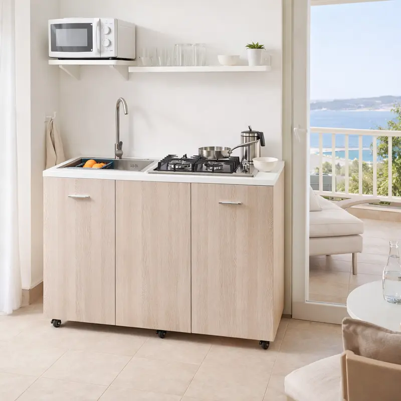 Mini Cucina Completa 120x60 Salvaspazio con 4 Fuochi Gas Lavello Acciaio e Ruote Olmo