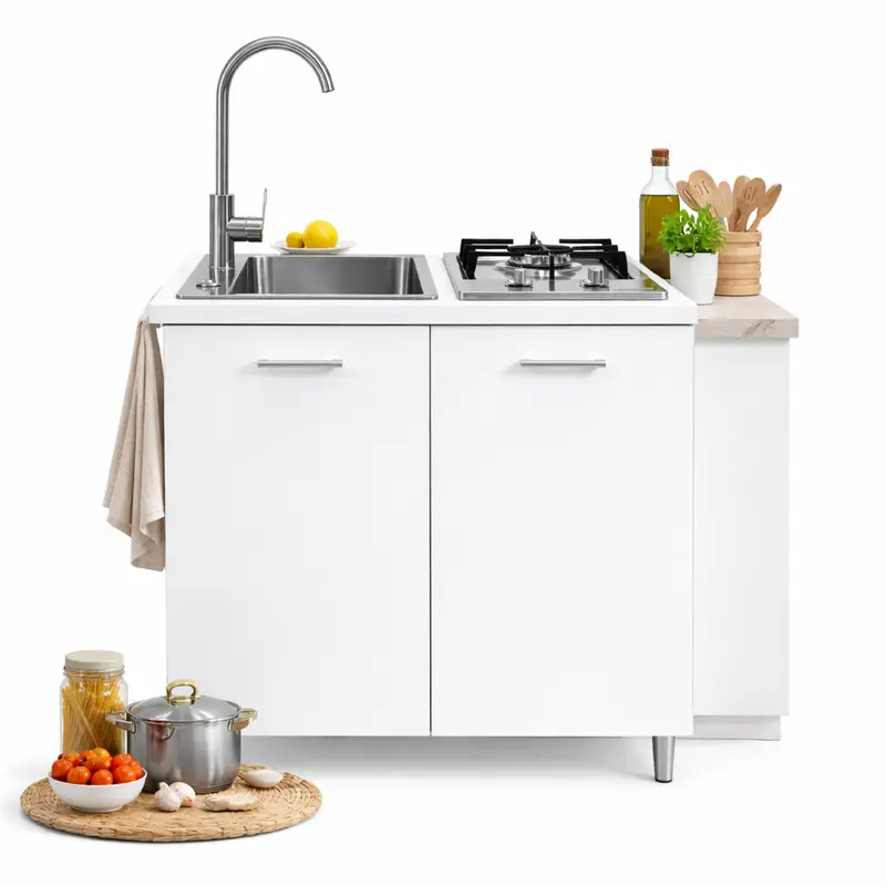Mini Cucina Completa 80x60 Salvaspazio con 2 Fuochi Gas Lavello Acciaio e Ruote Bianco
