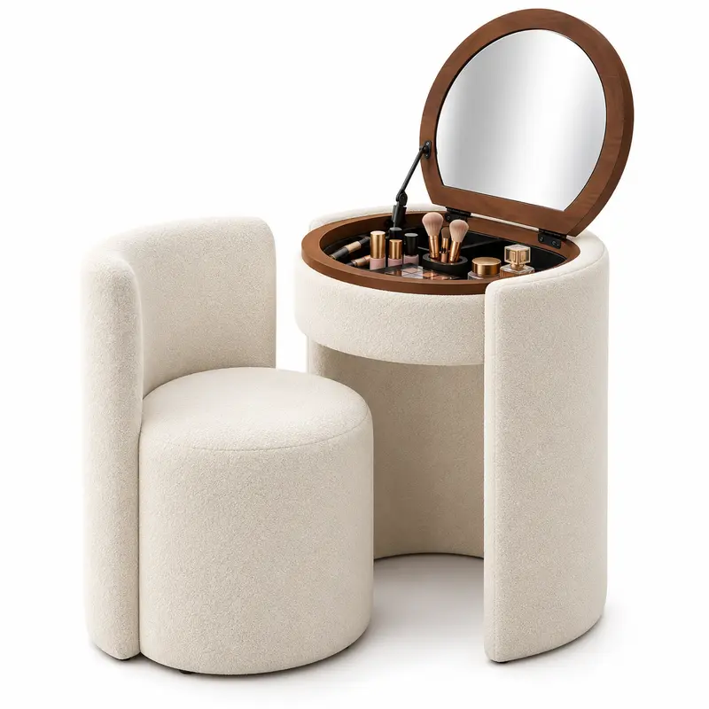 Mini Toeletta Trucco in Legno con Specchio a Scomparsa e Sedia Bouclé Bianco